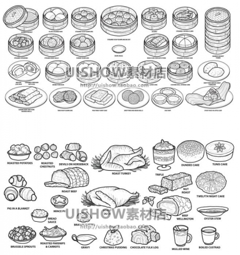 图片[2]-手绘素描线描小笼包子馒头花卷小吃食物鱼烤鸡插画背景矢量图素材 - 163资源网-163资源网