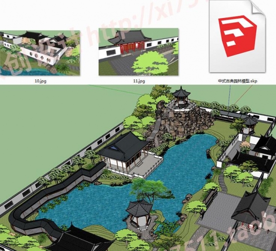 图片[2]-SU草图大师中式园林古典滨水公园景观建筑设计sketchup模型素材 - 163资源网-163资源网