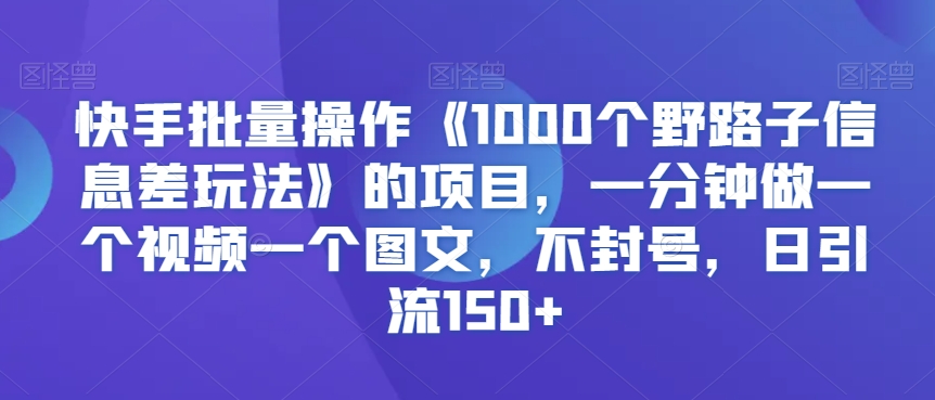 快手批量操作《1000个野路子信息差玩法》的项目，一分钟做一个视频一个图文，不封号，日引流150+【揭秘】 - 163资源网-163资源网