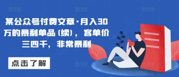 某公众号付费文章·月入30万的暴利单品(续)，客单价三四千，非常暴利 - 163资源网-163资源网