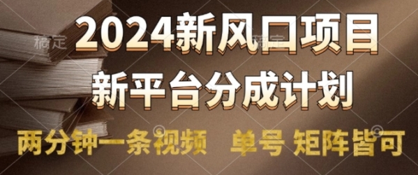 2024风口项目，新平台分成计划，两分钟一条视频，单号 矩阵皆可操作轻松上手月入9000+ - 163资源网-163资源网