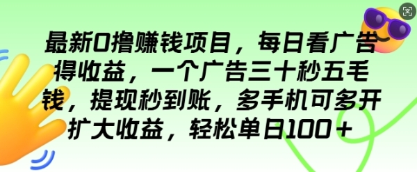 最新0撸项目，每日看广告得收益，一个广告三十秒五毛钱，提现秒到账，轻松单日100+ - 163资源网-163资源网