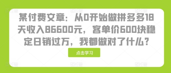 某付费文章：从0开始做拼多多18天收入86600元，客单价600块稳定日销过万，我都做对了什么? - 163资源网-163资源网