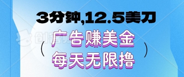 3分钟，12.5美刀，广告赚美金，每天无限撸 - 163资源网-163资源网